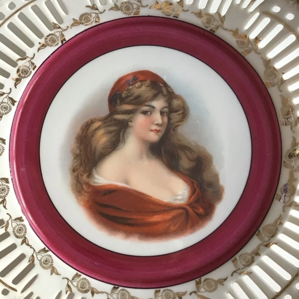 PAIR Portrait Plate Reticulated Maidens Paul's Gifts FRP & Co NY Germany Vintage